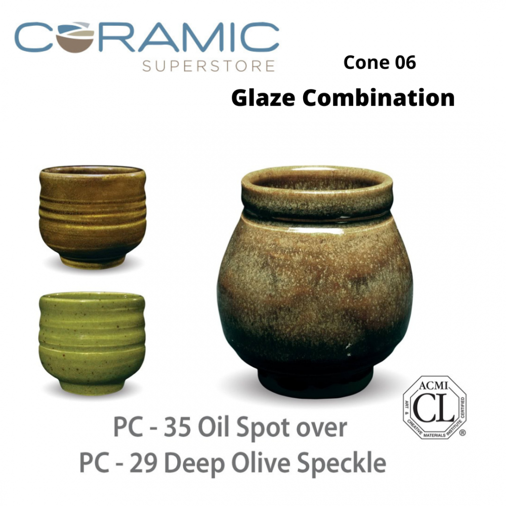 Oil Spot PC-35 over Deep Olive Speckle PC-29 Pottery Cone 5 Glaze Combination